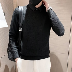网红衬衫领假两件毛衣男秋季新款韩版拼接针织衫男士秋装上衣S521图片