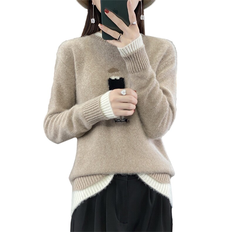 秋冬新款100%羊绒衫女双领拼色绣花毛衣宽松显瘦加厚羊毛针织打底,女装羊毛衫,蒙特羊绒