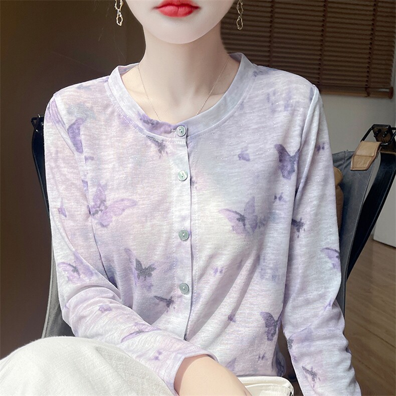 法式水墨印花针织开衫女长袖防晒衣2025新款印花时尚冰丝薄外套衫,针织衫/毛衣,朝贺羊绒