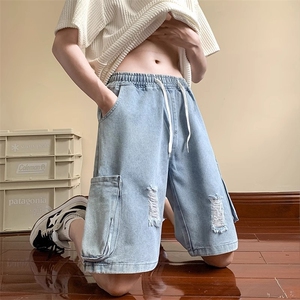 潮流时尚高街复古休闲破洞牛仔抽绳宽松青少年五分牛仔短裤图片