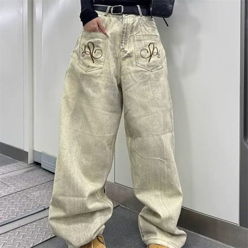 美式复古刺绣水洗牛仔裤女2025夏街头设计感脏染反穿宽松直筒裤子,男装牛仔裤,星座506A