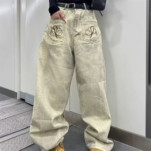 美式复古刺绣水洗牛仔裤女2025夏街头设计感脏染反穿宽松直筒裤子图片