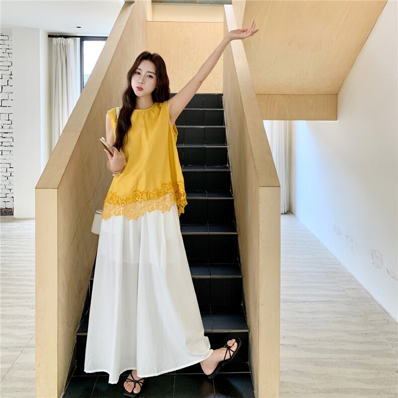 韩系蕾丝拼接背心套装女2025夏季新款时尚休闲阔腿裤百搭两件套,女装套装/套裙,蝶眷