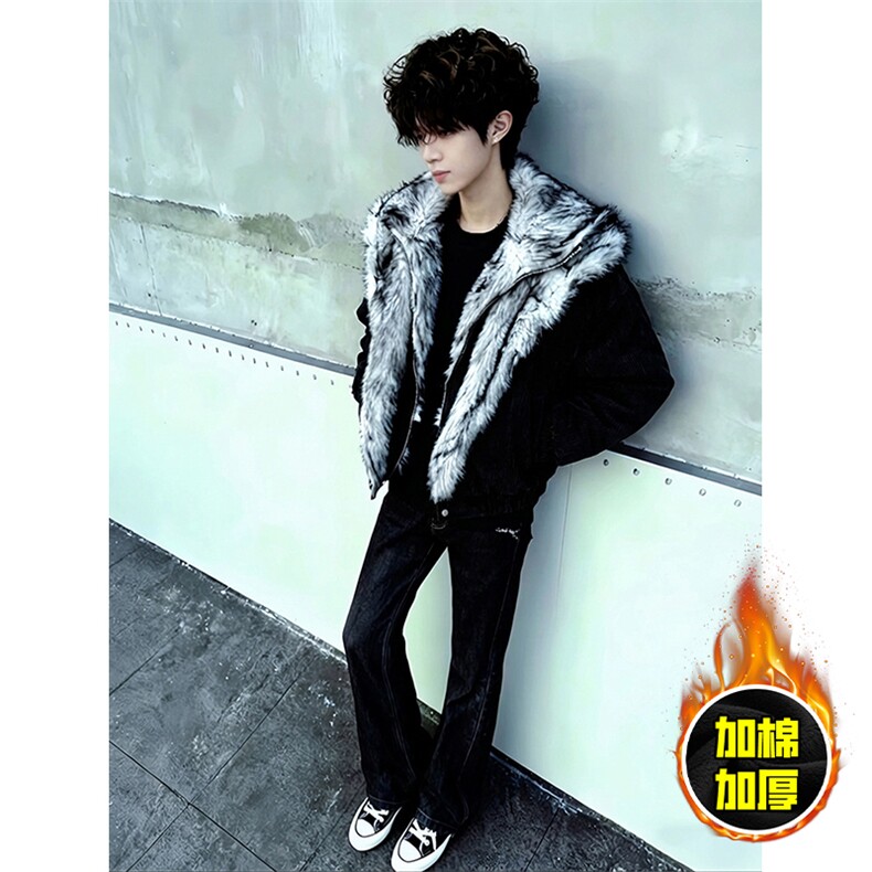 现货高品质美式高街重磅狼王座山雕毛毛领假两件棉衣加厚棉服外套，男装棉衣，电商A486-1