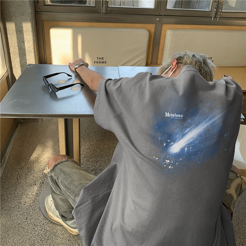 流星印花重磅纯棉T恤宽松圆领大码百搭白色五分袖情侣款夏季短袖,男装T恤,电商A425