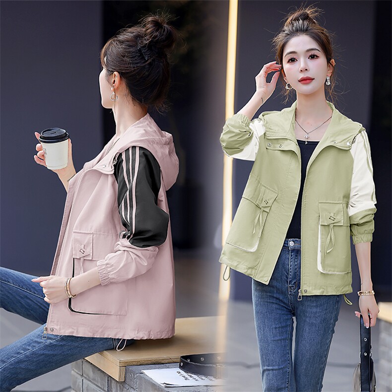 现货秒发2024春秋新款韩版连帽外套冲锋衣外套,女装派克服,星宇服饰
