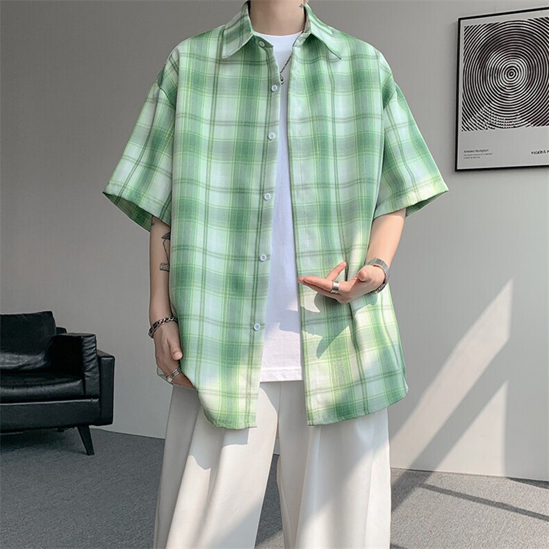 8XL-M格子短袖衬衫男夏季薄款DK制服衬衣JK学院风半袖外套DC28004,男装T恤,电商B312