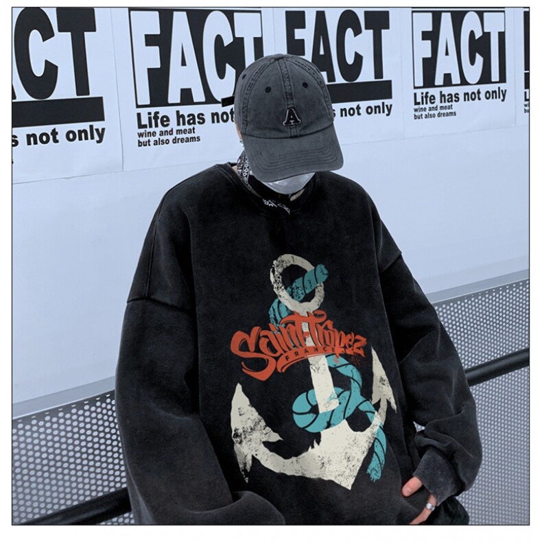 水洗做旧vintage美式重磅卫衣男春秋潮牌oversize高街硬挺打底衫,男装卫衣,星座517A