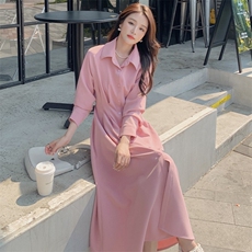 法式温柔风粉色衬衫裙春秋女2025新款气质甜美减龄收腰显瘦A字裙，女装连衣裙，浙宝276（原081）