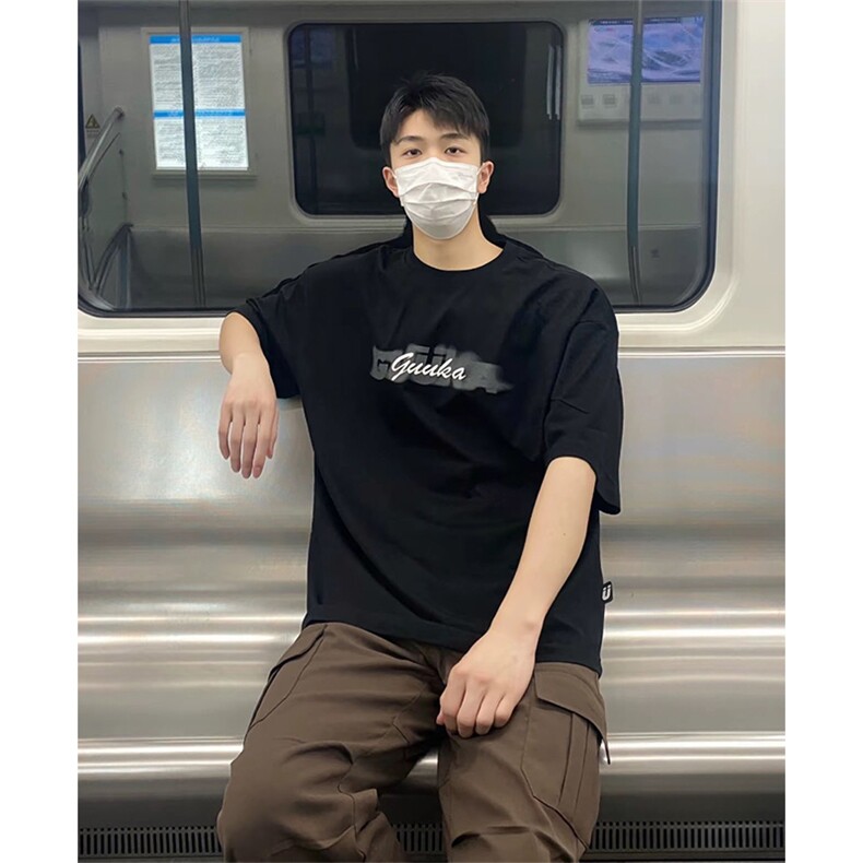 抖音得物 210克现货宽松纯棉美式潮牌印花落肩袖纯棉T恤AT21125图片