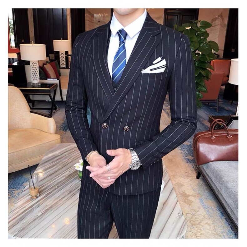 条纹两粒扣男西服套装三件套商务英伦西装7001-P285,男装西服套装,星座1012