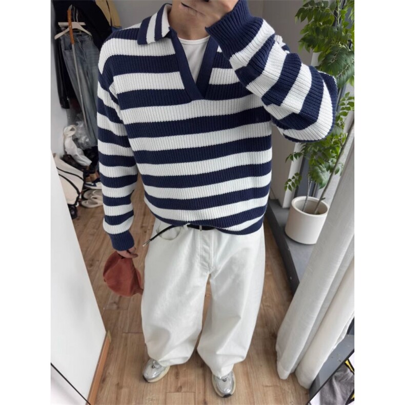 复古海鸥领海军蓝新贵老钱松弛感条纹针织衫V领针织长袖条纹毛衣图片
