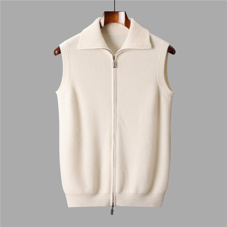 2025秋冬百搭时尚简约翻领拉链马甲针织衫，男装羊绒套衫，盛欣羊绒