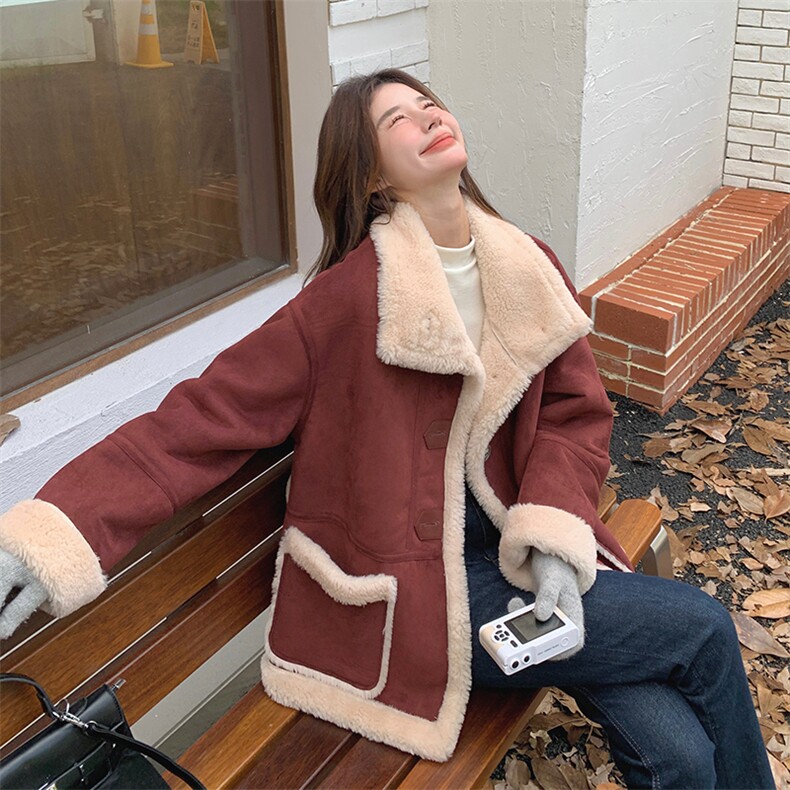 现货2024冬季新款安克拉红羊羔毛，加厚款皮毛一体外套P190K258,女装羊羔毛/颗粒绒,浪娴服饰