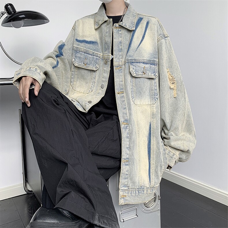 美式复古水洗牛仔外套男春秋高街破洞夹克上衣1001-1-WT049-P70，男装工装外套，星座1001-1