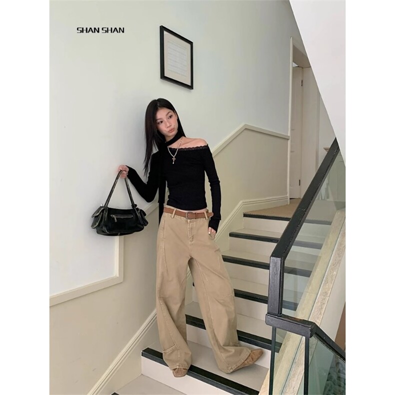 美式复古弯刀牛仔裤女高腰宽松设计感高街阔腿裤子秋季N10599-P58,男装牛仔裤,星座1008