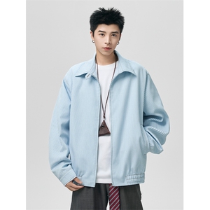 秋季蓝白条纹翻领时尚大码短款开衫长袖夹克男J5284-特P58控108图片