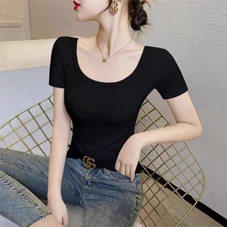 正肩水滴U领白色短袖T恤女修身显瘦春夏小众低领打底全棉短款上衣，女装T恤，春韵羊绒