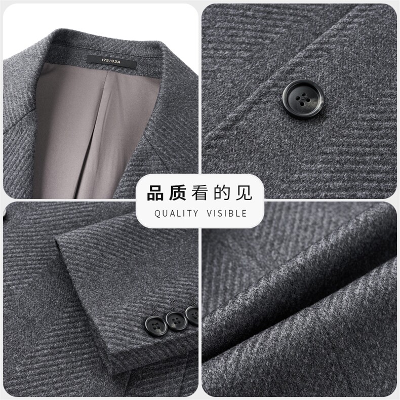 高端中年绵羊毛西服领大衣秋冬中青年绵羊毛双面呢中长款外套,男装西服,钱塘723