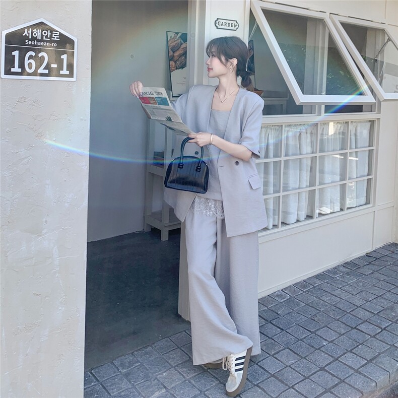 浅灰色时尚短袖西装套装女2025夏季新款独特漂亮吊带阔腿裤三件套,女装套装/套裙,2C095