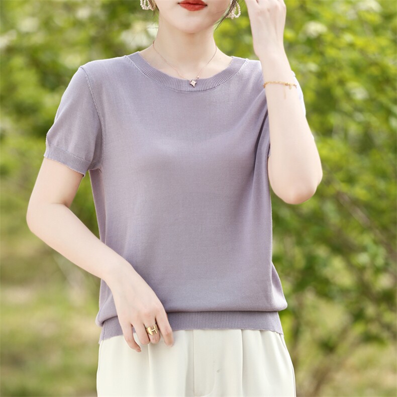 简约风纯色短袖女t恤2025新款宽松显瘦百搭加大针织半袖大码女装,女装T恤,鑫源羊绒