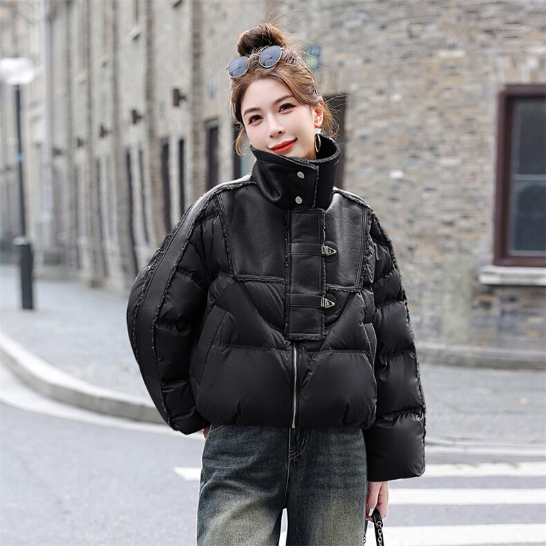 欧货羽绒服女短款2025冬季新韩系小个子仿羊羔毛绒领拼接白鸭绒外套,女装羽绒服,意芙