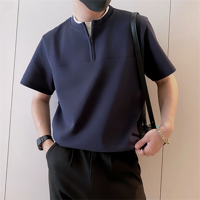 8972/P58控78夏季小伙假两件半拉链短袖T恤男轻奢老钱风上衣黑色2,男装T恤,星座305B