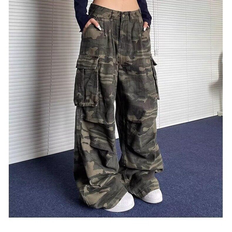 美式高街复古多口袋迷彩牛仔裤女潮牌街头直筒堆积感长裤子,男装牛仔裤,星座218-8