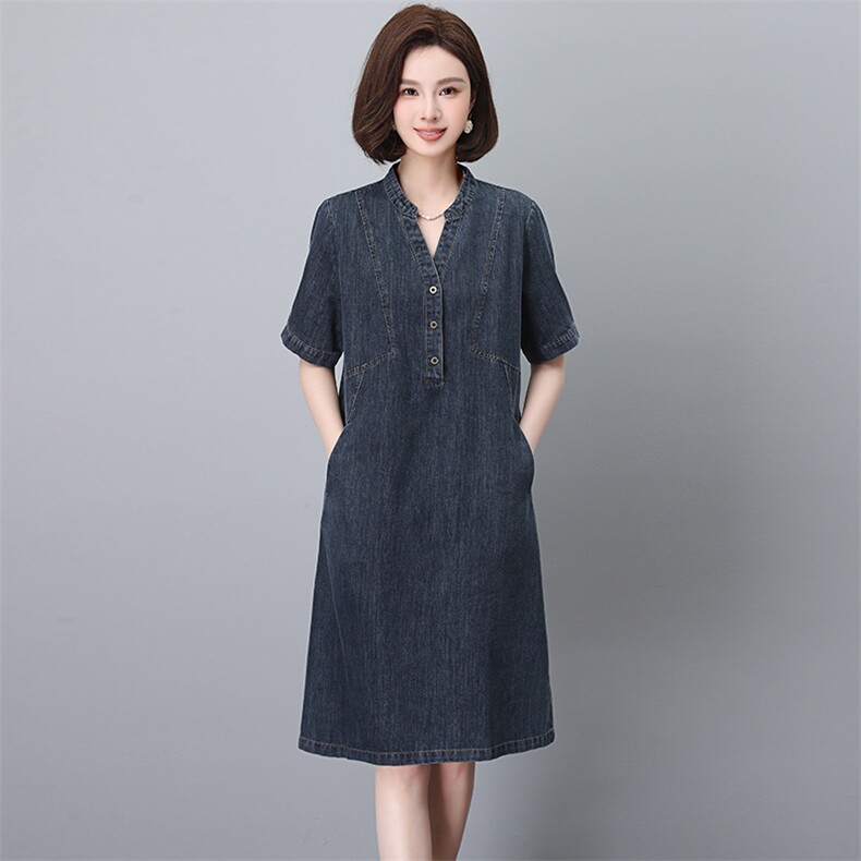 牛仔连衣裙女2025新款夏季大码宽松胖mm遮肚子显瘦气质妈妈薄裙子,女装牛仔裙,韩派