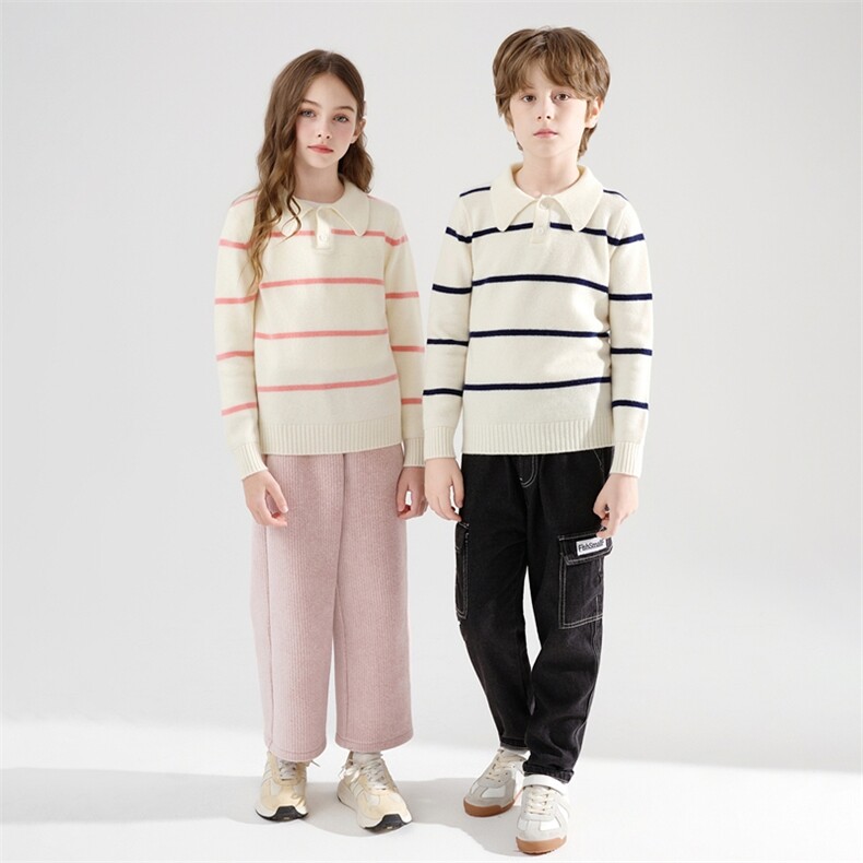 时尚百搭通勤儿童加厚条纹POLO领，童装儿童羊毛衫，牧皓研