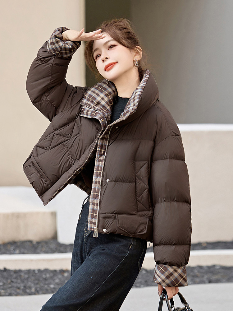 短款羽绒服女2024冬季新款小个子高级感超好看洋气拼接格子面包服,女装羽绒服,艾尚靓装