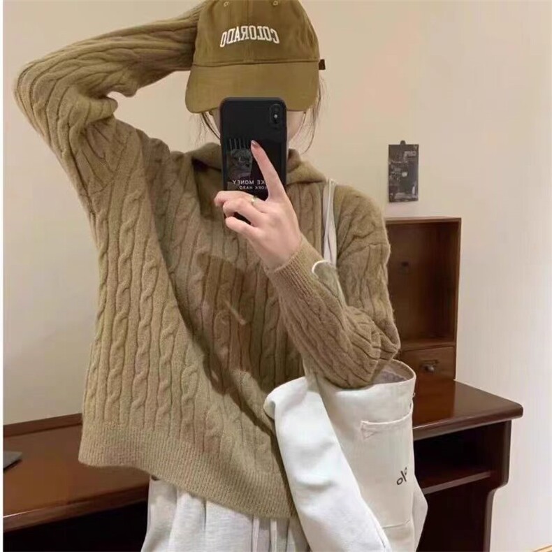 麻花毛衣女毛线衣秋冬2024款连帽复古日系慵懒宽松软糯针织衫上衣,女装羊毛衫,恒恩羊绒