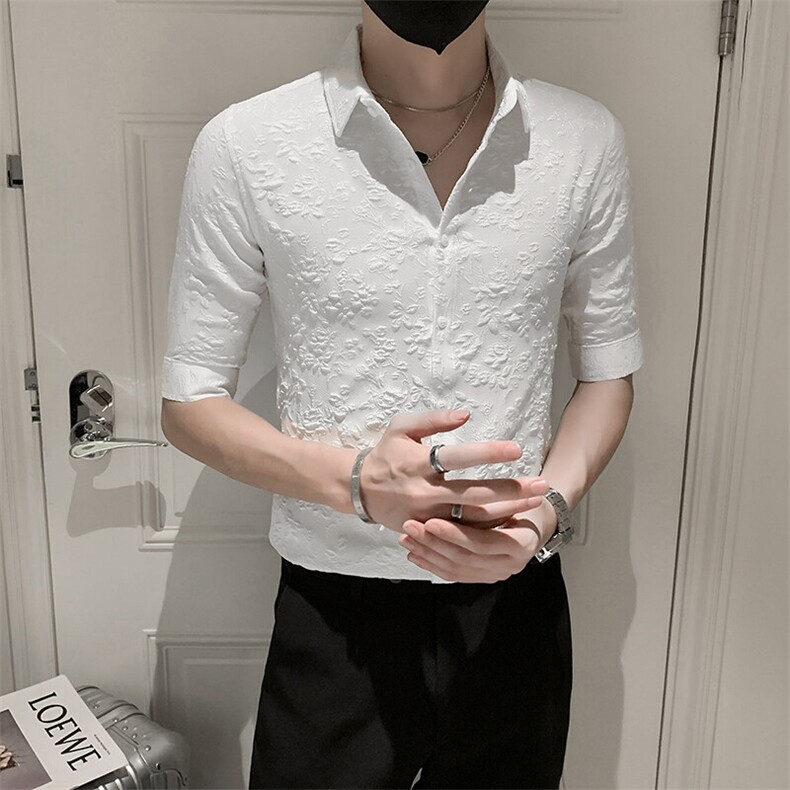 店主风社会小伙男士七分袖纯色花泡衬衫男衬衣301A-1/CS352/P55,男装衬衫,星座301A-1