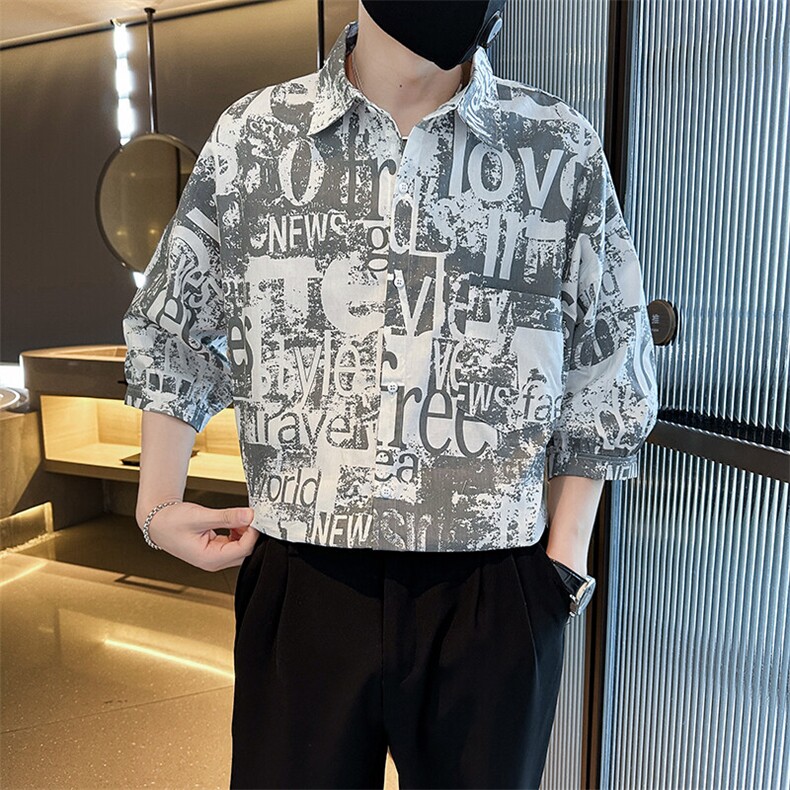 2025春季新款衬衫 男士七分袖印花衬衫潮牌宽松上衣 901C16P58图片