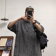 T8042/P30夏季中性风破洞短袖T恤男个性设计感大码重磅宽松上衣，男装T恤，电商A141