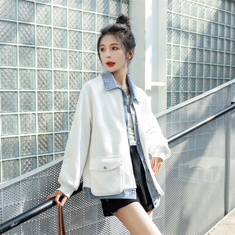 独特超好看牛仔拼接假两件外套女春秋2025新款设计感小众工装夹克,女装短外套,靓星雨