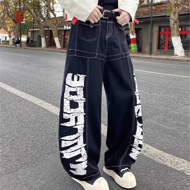 自然涩黑色牛仔裤女春秋季新款美式涂鸦休闲宽松直筒拖地阔腿裤潮,男装牛仔裤,星座715-4