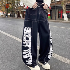 自然涩黑色牛仔裤女春秋季新款美式涂鸦休闲宽松直筒拖地阔腿裤潮，男装牛仔裤，星座715-4