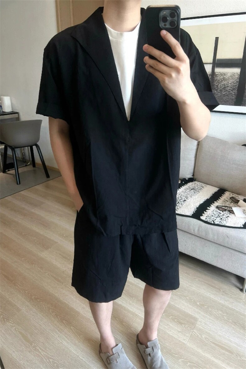 (网图慎用）特批P58无差价美式假两件大码亚麻两件套装男TZ5355,男装休闲套装,电商A001