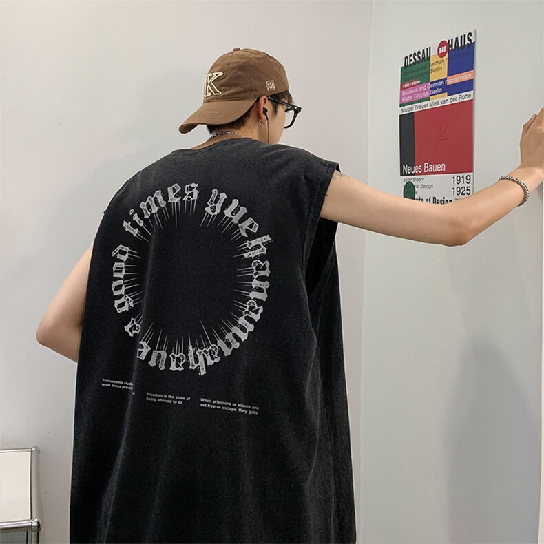 抖音供货、230克现货水洗棉印花宽松版无袖背心D223A-SB2328-P35,男装背心/马甲,电商019-1
