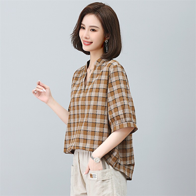 2025年夏装新款潮格子衬衫宽松显瘦韩版气质百搭衬衣女减龄,女装衬衫,独衣靓