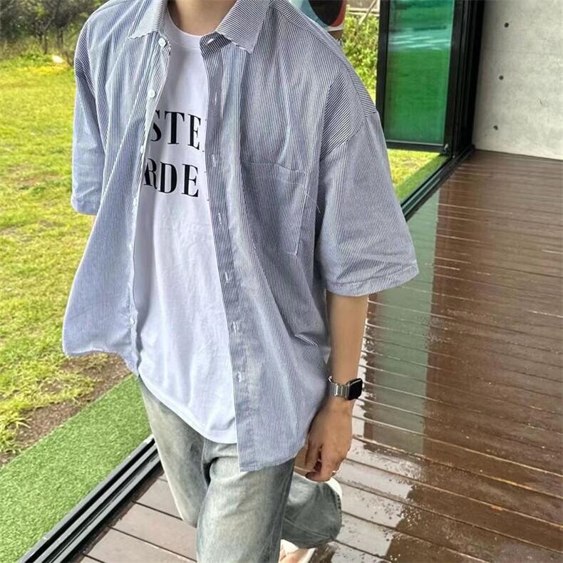 夏装男装五分袖衬衫简约竖条纹宽松衬衣中袖薄外套716A-CS811P45,男装T恤,星座716A（原星座815-4）