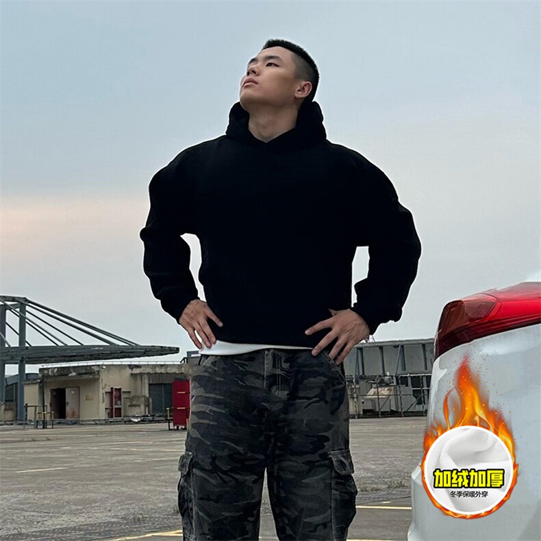 480G重磅加绒加厚硬挺boxy男女秋冬美式高街短款结构廓形连帽卫衣，男装卫衣，电商A486-1