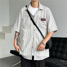 DC62-P34日系复古短袖条纹衬衫男女情侣款高级感宽松休闲衬衣外套，男装衬衫，星座603-2