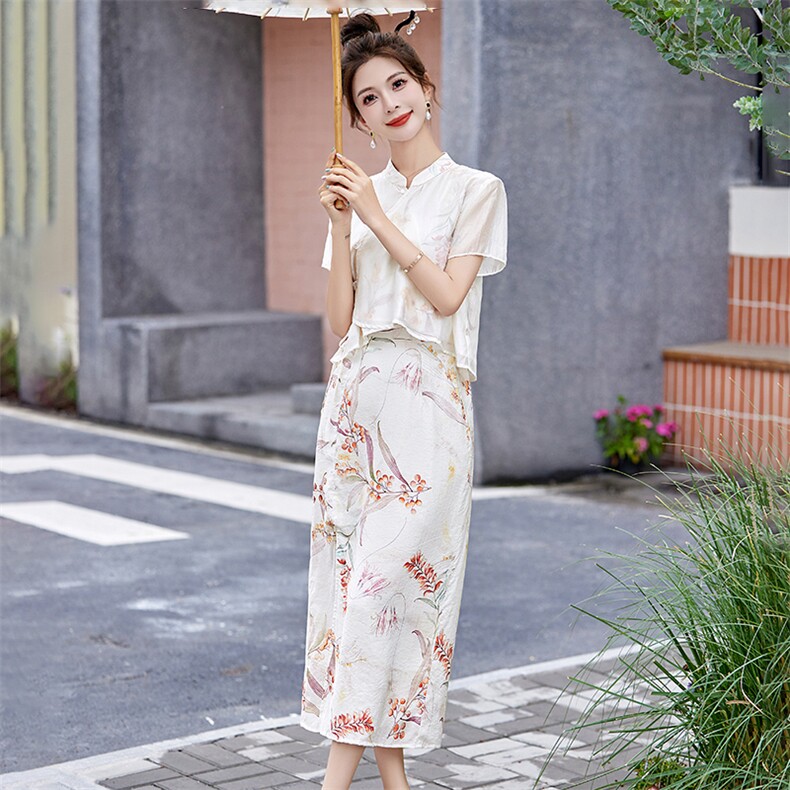 现货新中式套装女新款夏季气质时尚绝美改良旗袍两件套,女装套装/套裙,韩美纤衣