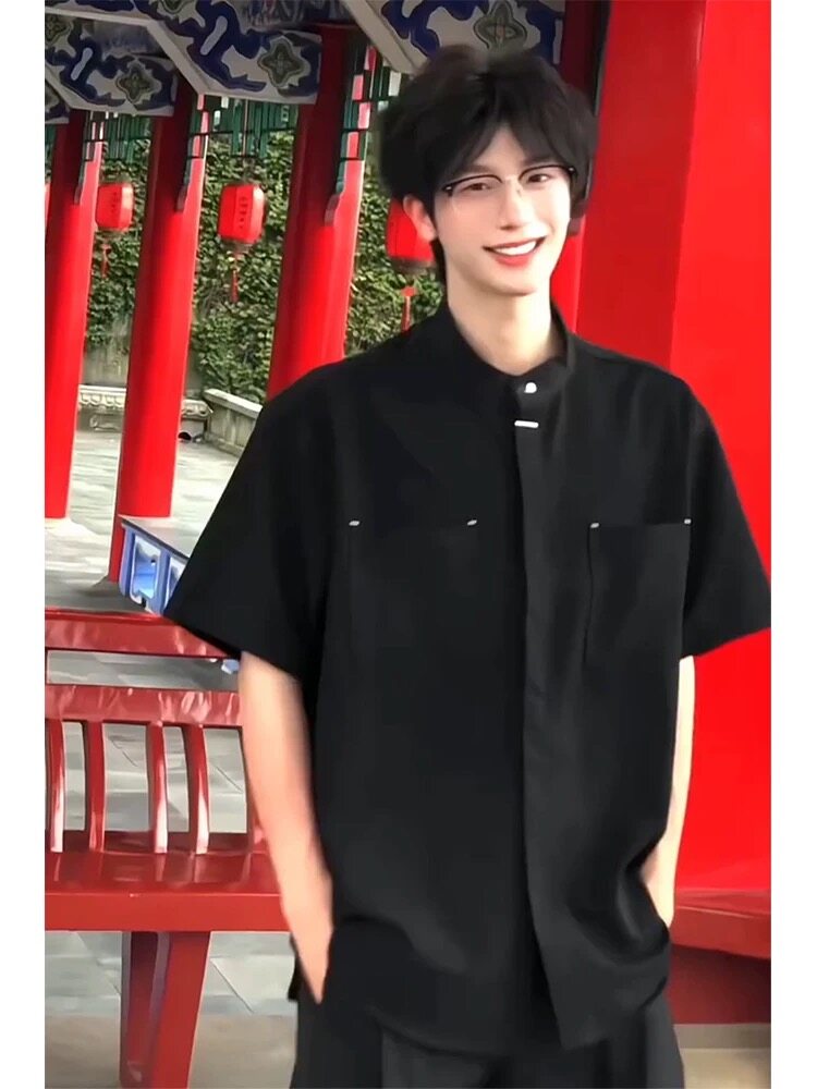 老钱风暗扣短袖衬衫夏季痞帅男生垂感立领中式衬衣上衣CSS12P40,男装衬衫,电商D256-1(原A064-1)