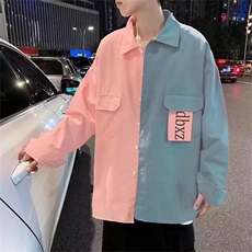 拼接撞色长袖衬衫男设计感小众痞帅衬衣外套夏季潮牌百搭工装寸衫，男装衬衫，星座1210-1