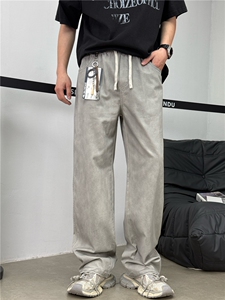 春秋季宽松直筒阔腿抽绳潮流牛仔裤男士美式春季直筒宽松休闲图片