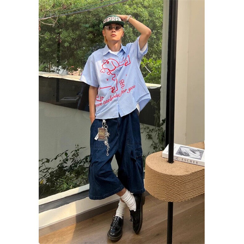 复古趣味腊肠狗印花条纹短袖衬衫宽松夏季情侣休闲衬衣CY22,男装T恤,星座1116A（原606A-3）