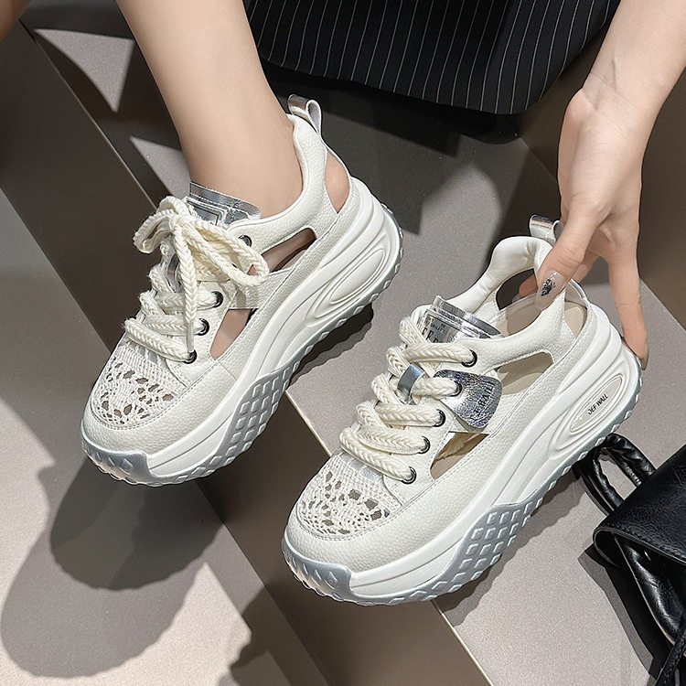 真皮镂空凉鞋女2024夏新款厚底女鞋百搭透气休闲老爹增高小白鞋女，女鞋凉鞋，星座1407-3